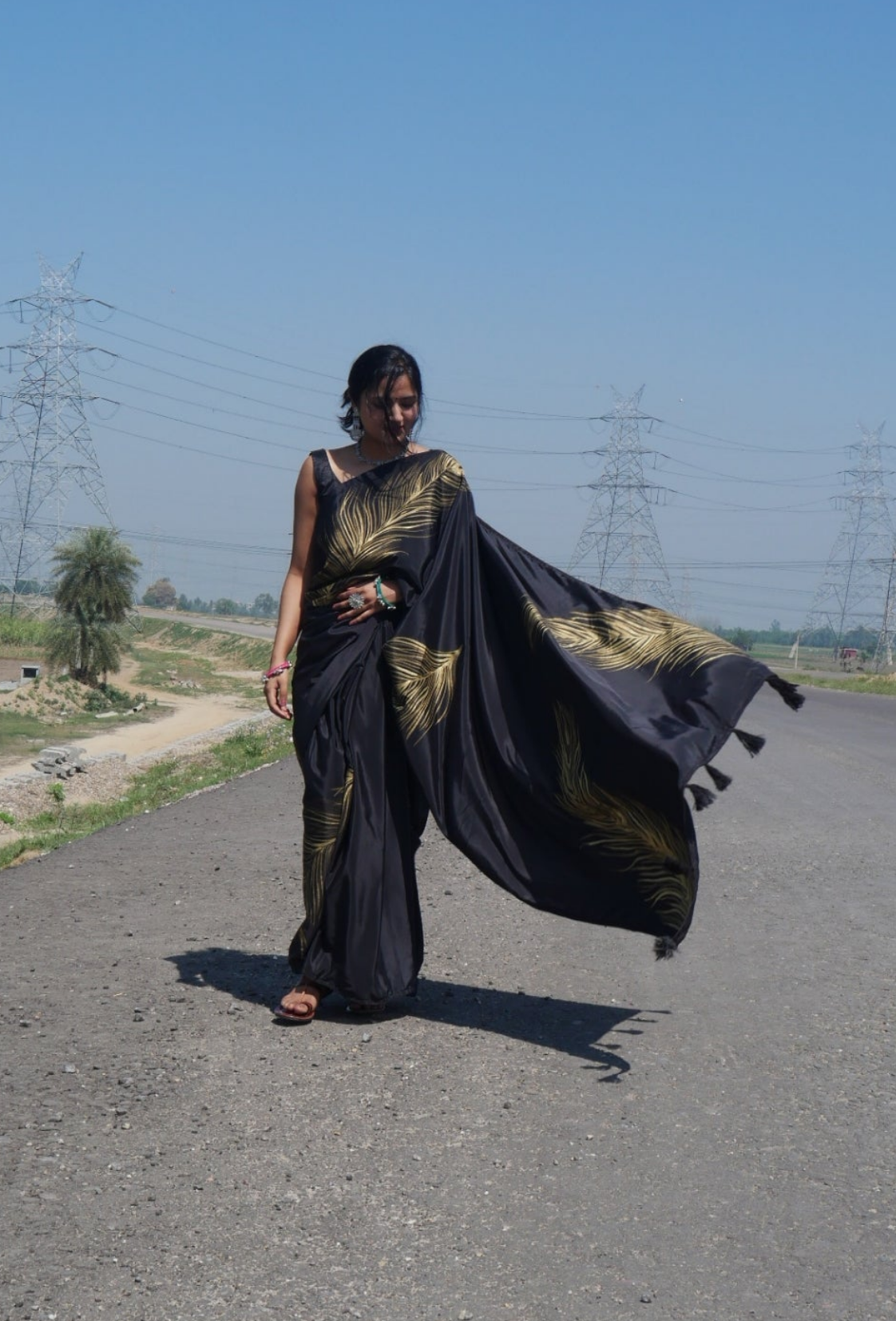 Black handpainted feather crepe silk saree
