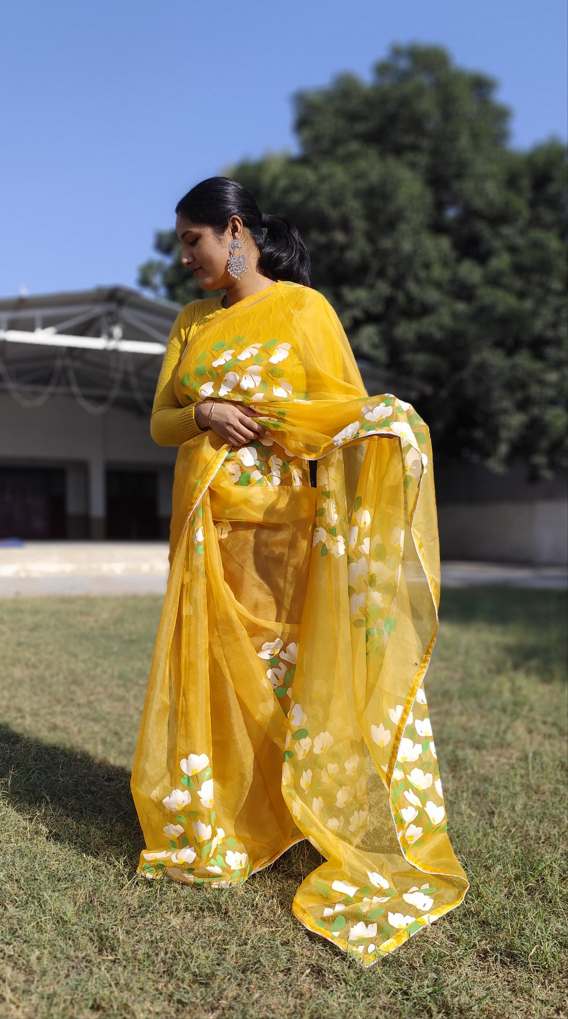 Yellow hand painted bougainvillea saree