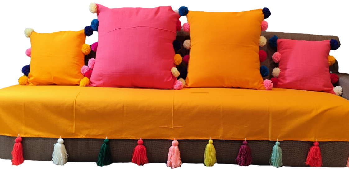 Yellow thick slub casement sofa cover with colourful tassels