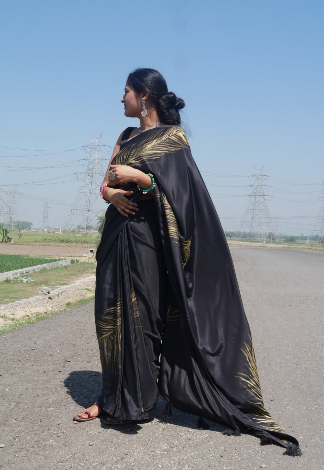 Black handpainted feather crepe silk saree