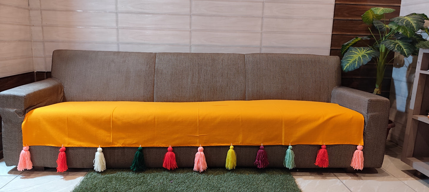 Yellow thick slub casement sofa cover with colourful tassels