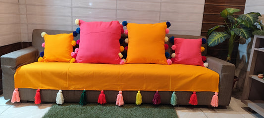 Yellow thick slub casement sofa cover with colourful tassels