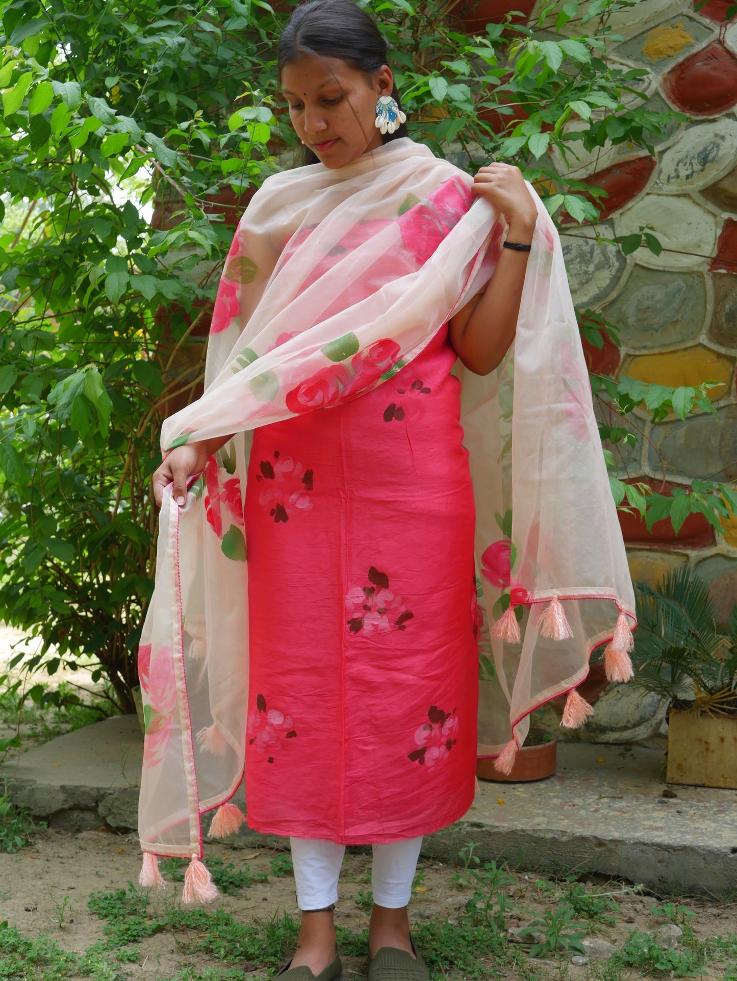 Handpainted pink roses on chanderi suit and organza dupatta