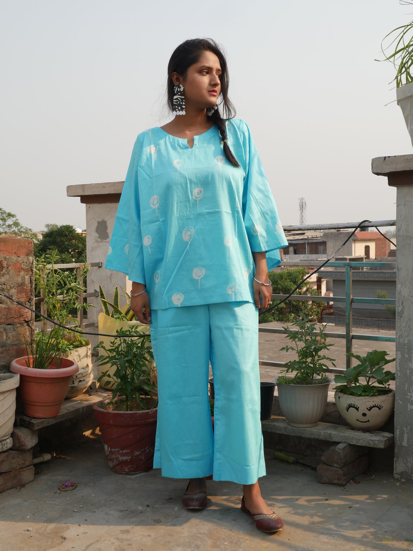 Sky blue pure cotton shibori handblock coord set