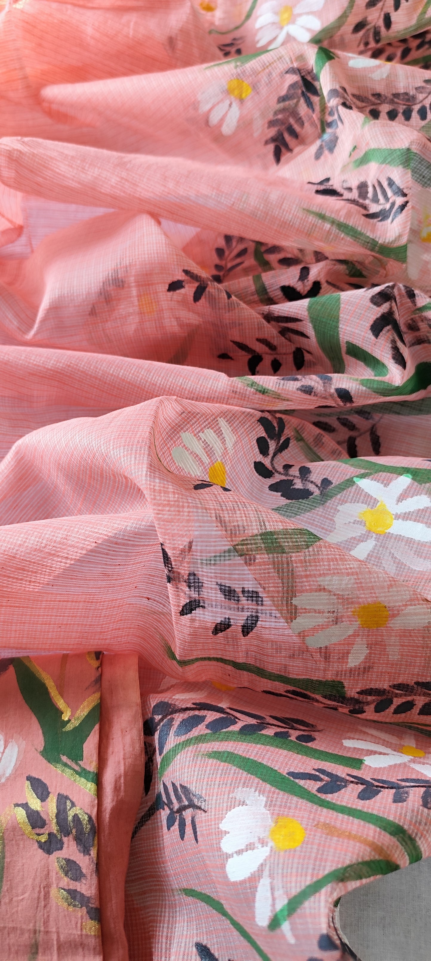 Hand-painted white flowers on peach cotton suit with kota doria dupatta