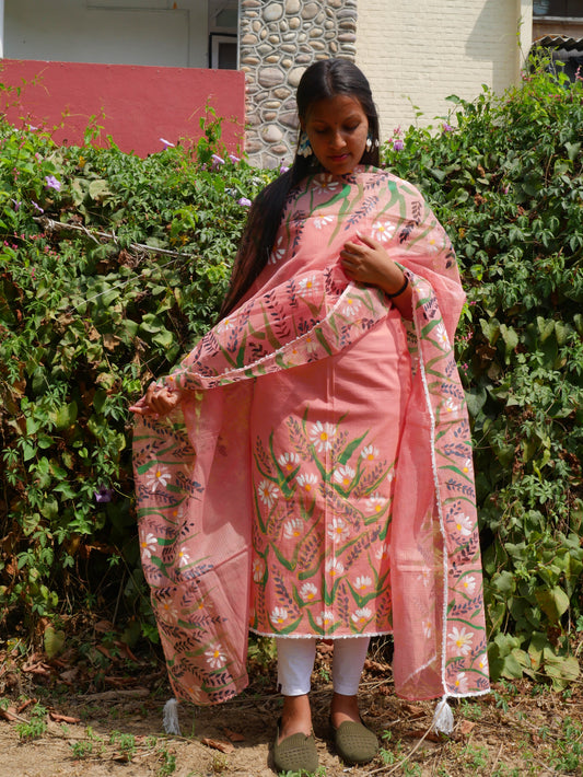 Hand-painted white flowers on peach cotton suit with kota doria dupatta