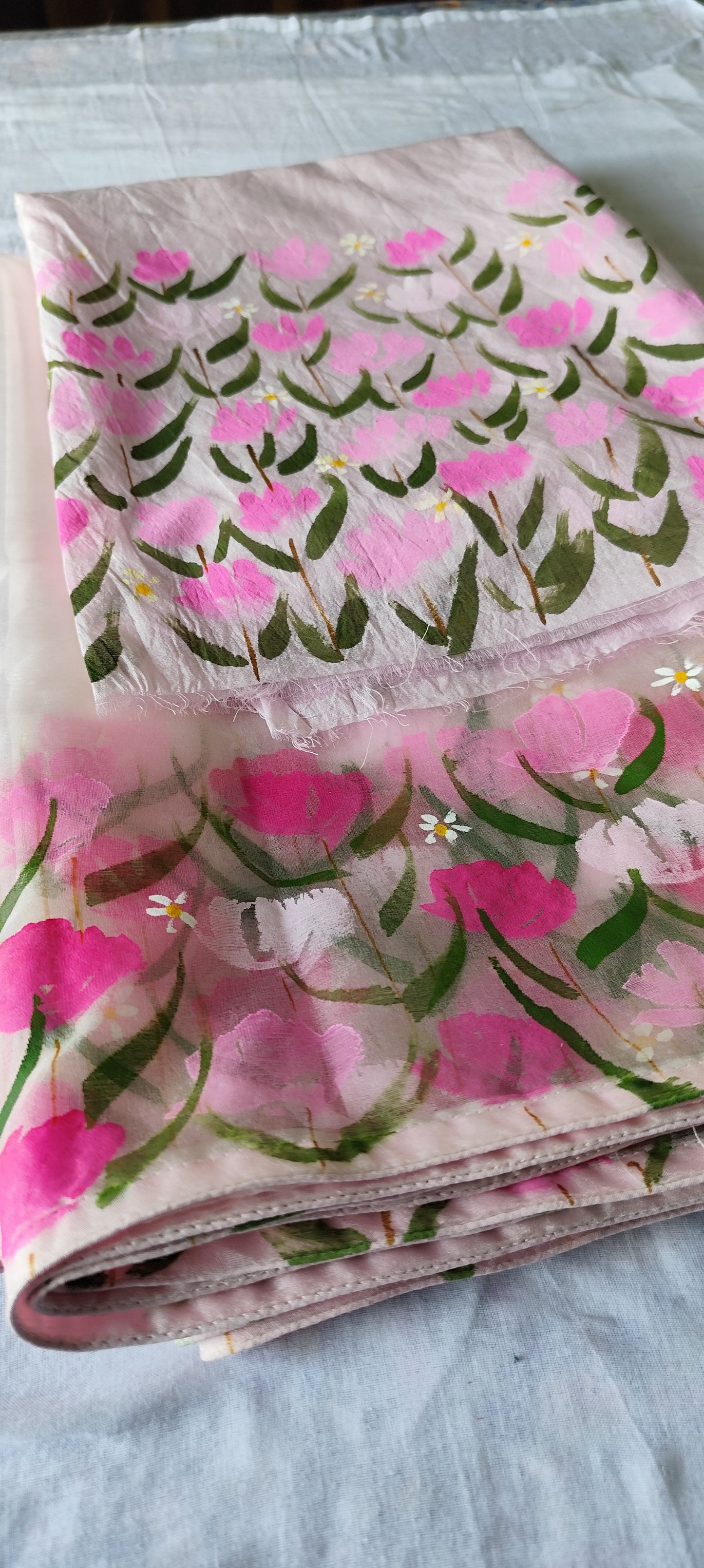 Hand painted pink blossoms on chanderi suit with organza dupatta