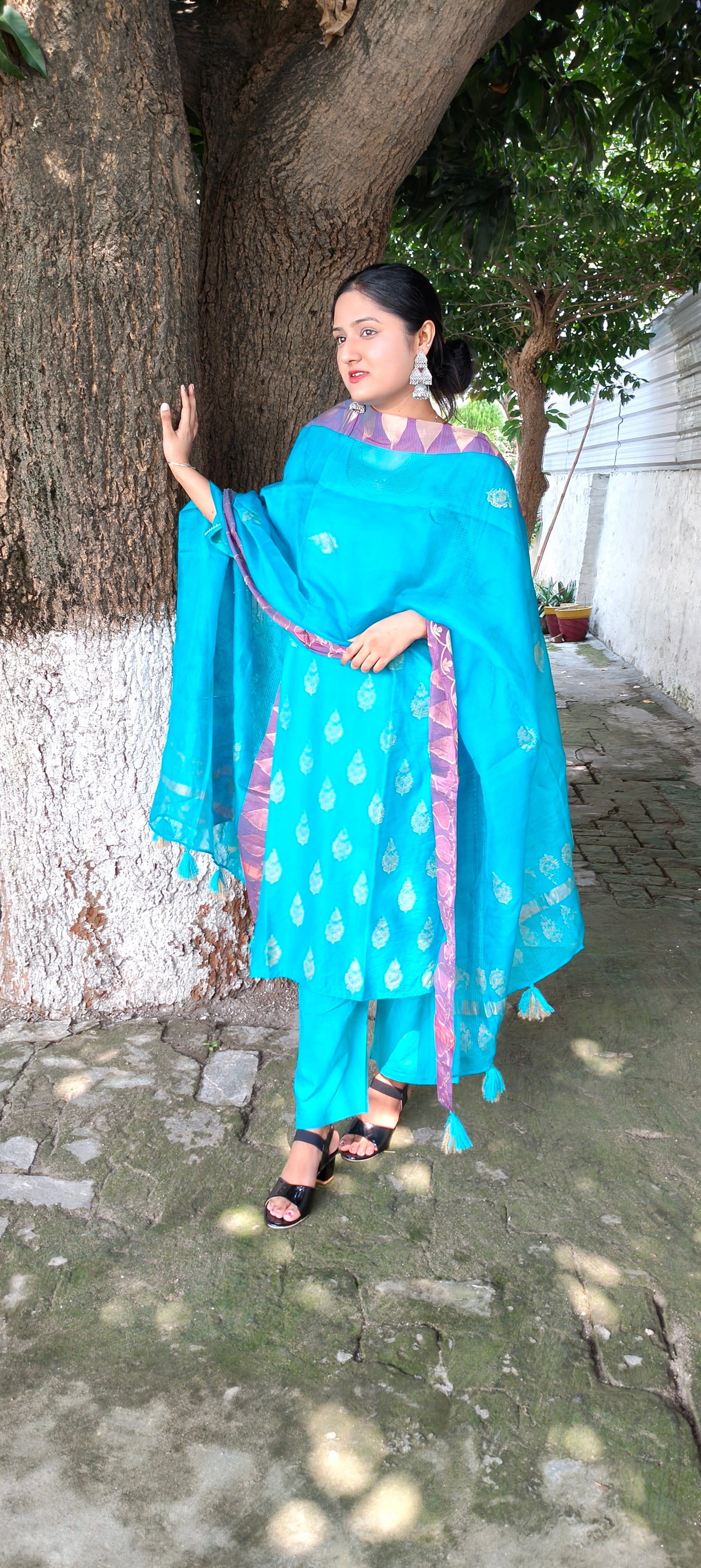 Handblock blue chanderi silk suit