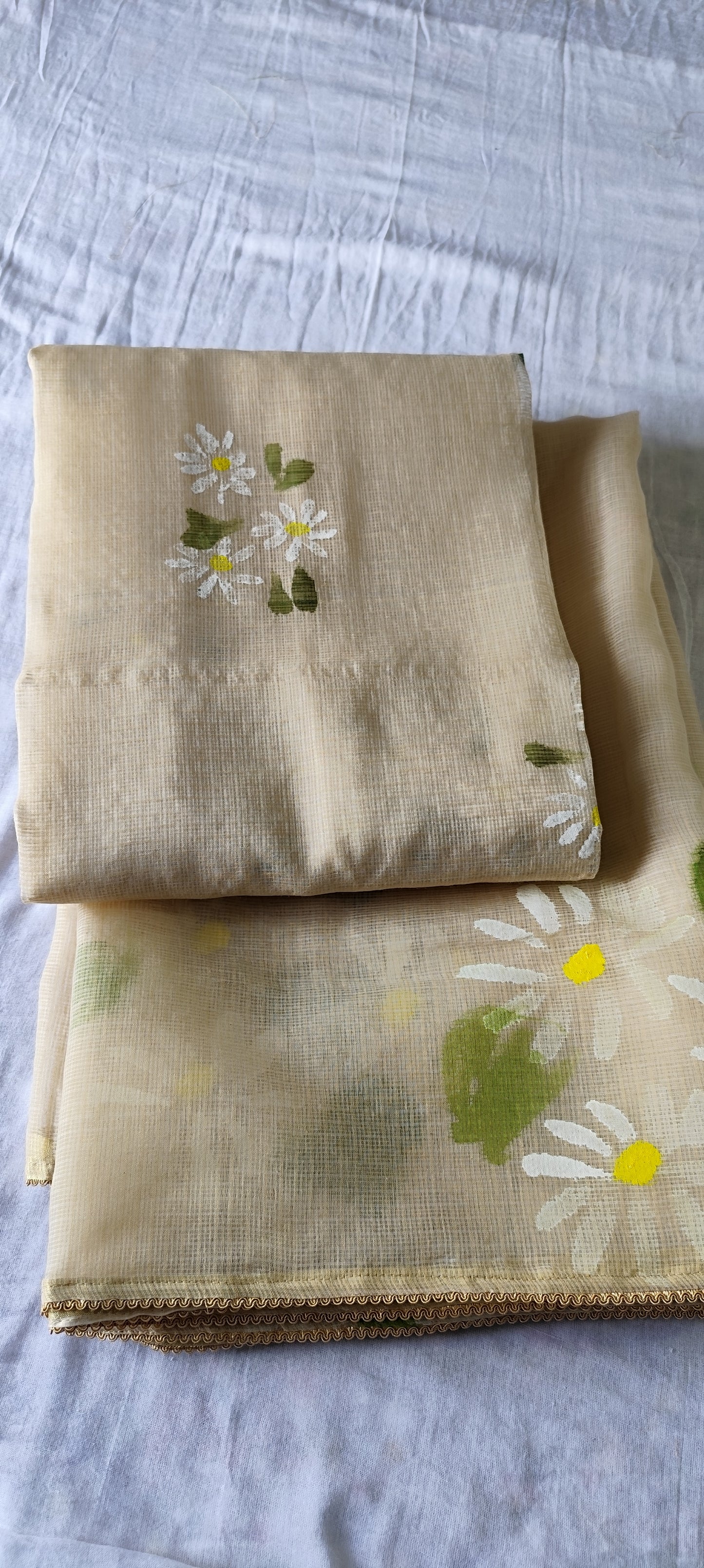 Handpainted motifs on beige kota doria suit