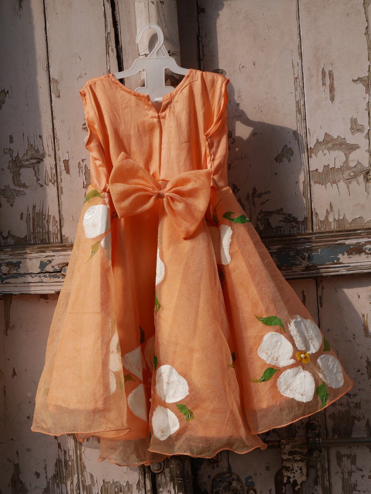 Peach handpainted organza  toddler frock