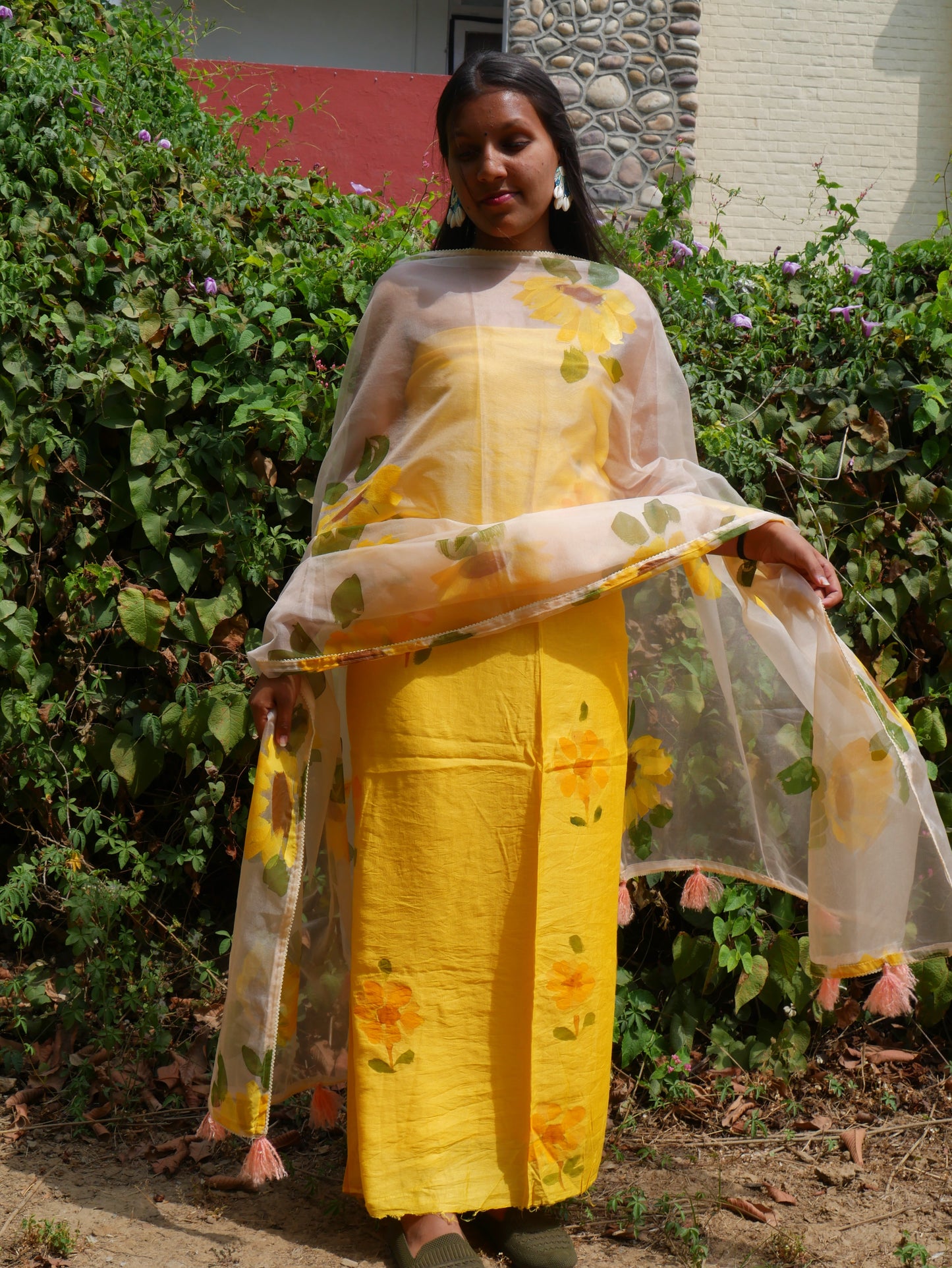 Handpainted sunflower on yellow chanderi suit and organza dupatta