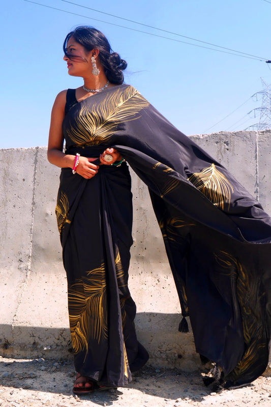 Black handpainted feather crepe silk saree