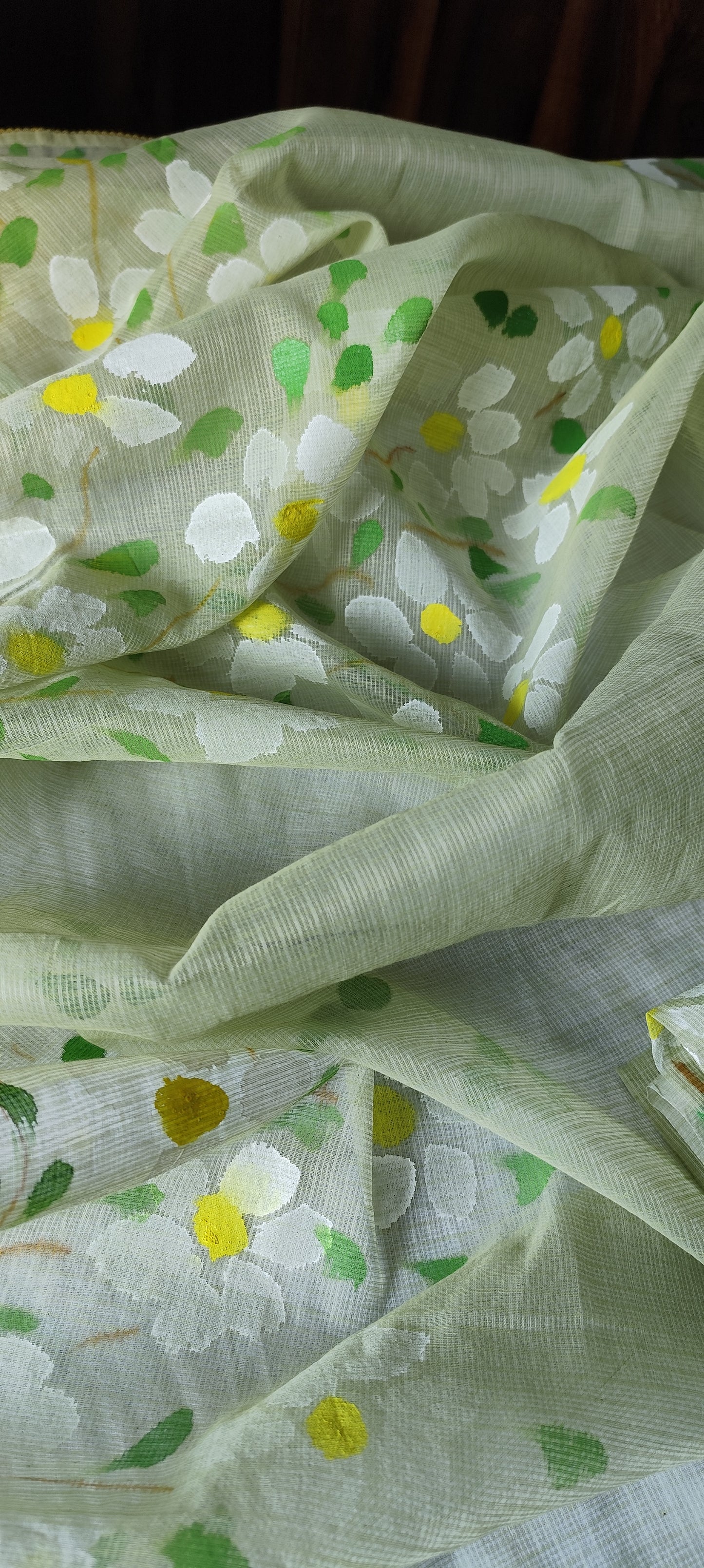 Pista green handpainted kota doria suit with white motifs