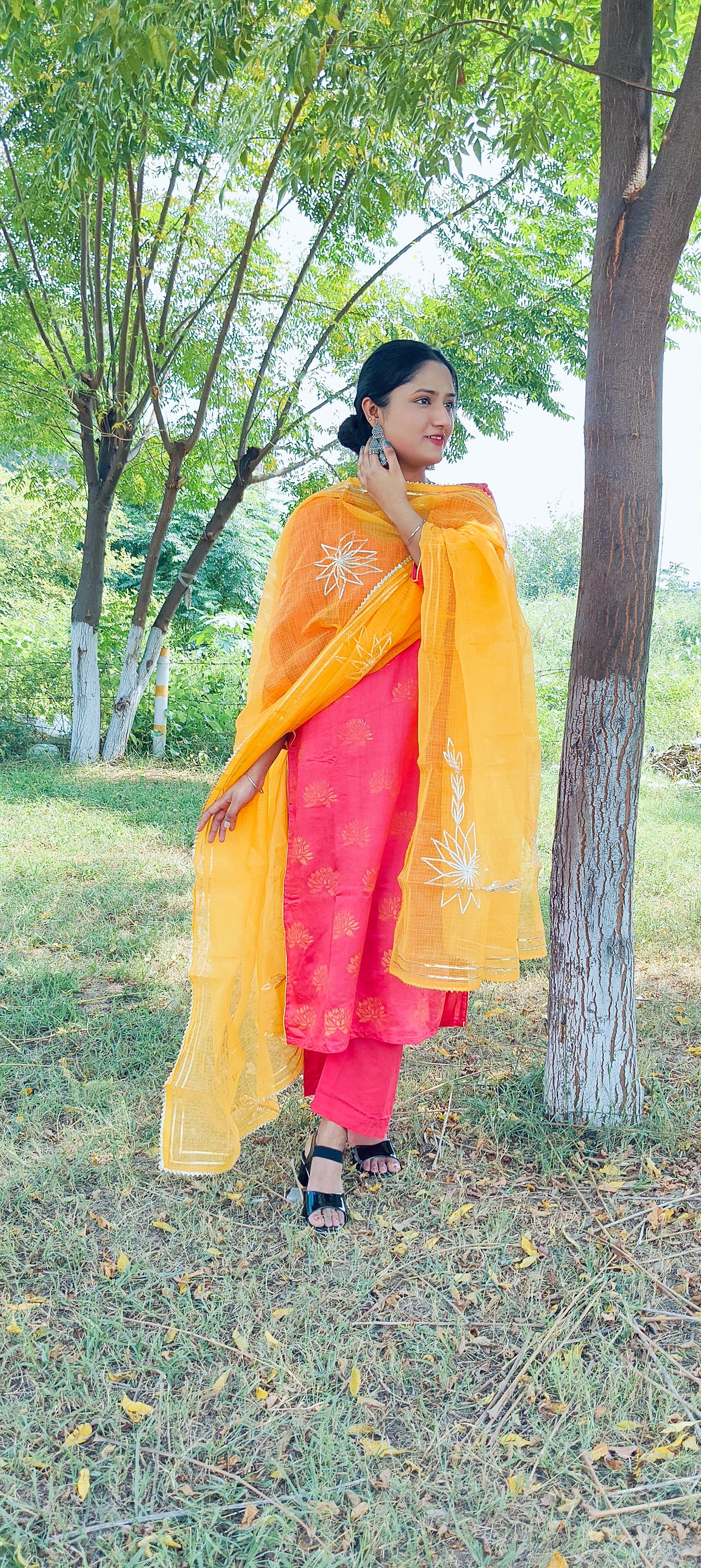 Handblock  pink chanderi silk suit