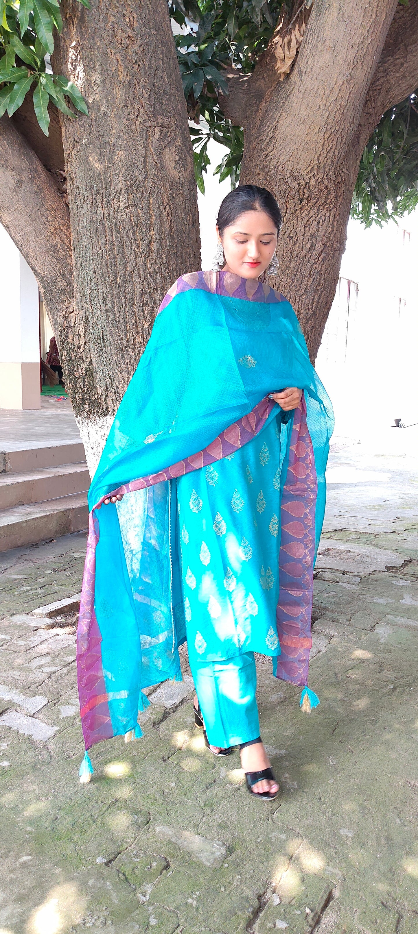 Handblock blue chanderi silk suit