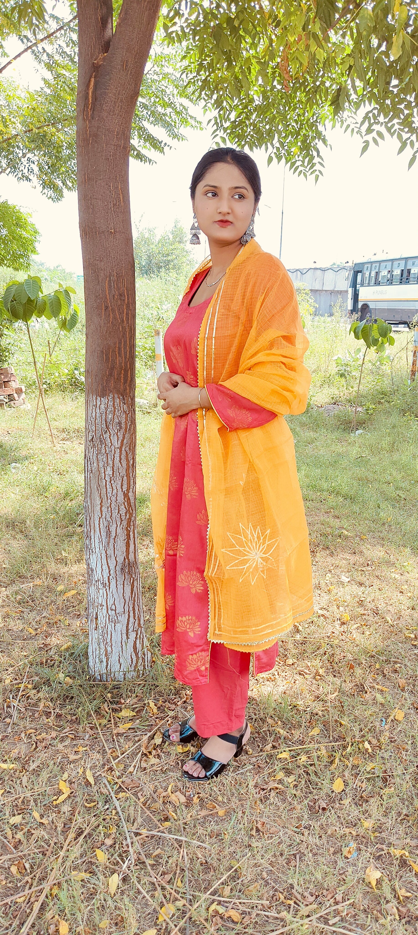 Handblock  pink chanderi silk suit