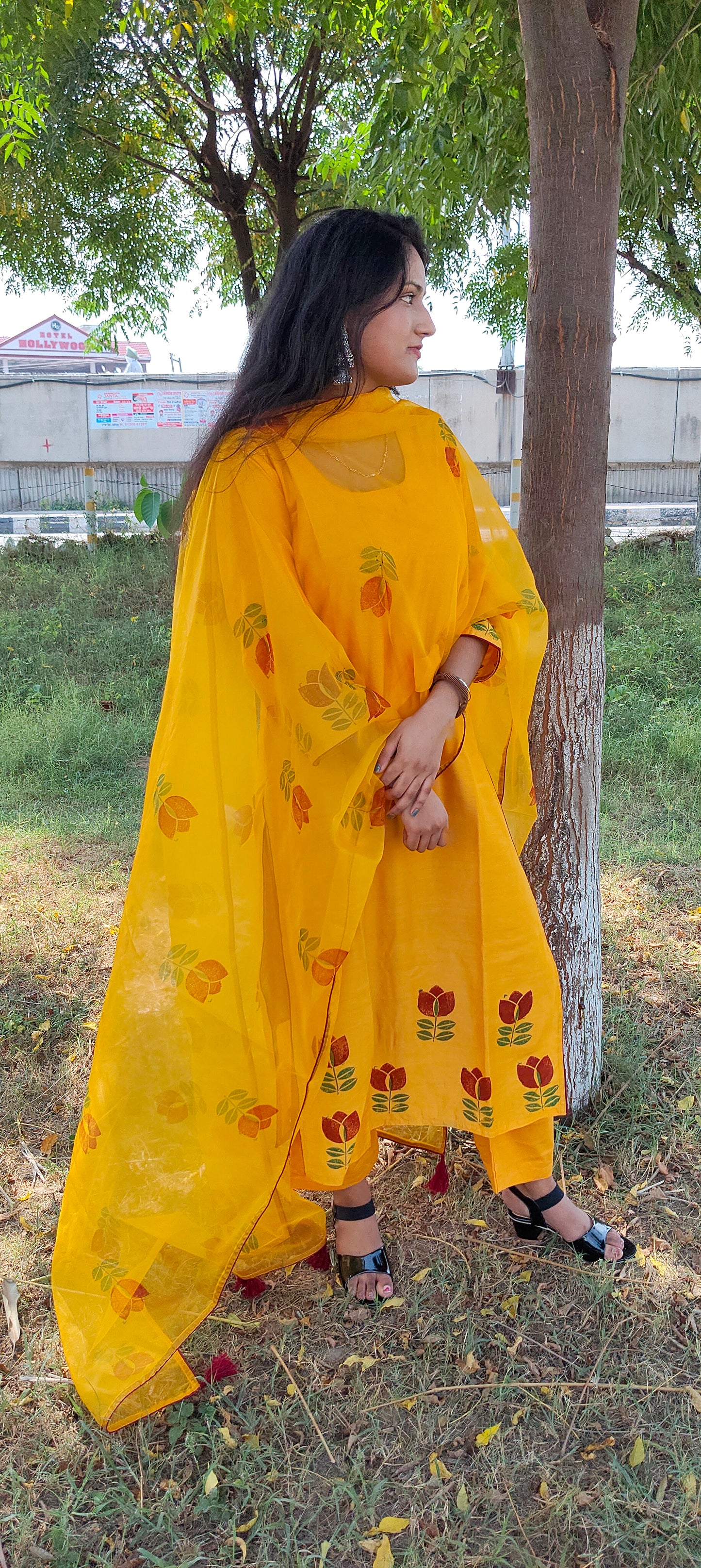 Hand block yellow chanderi suit