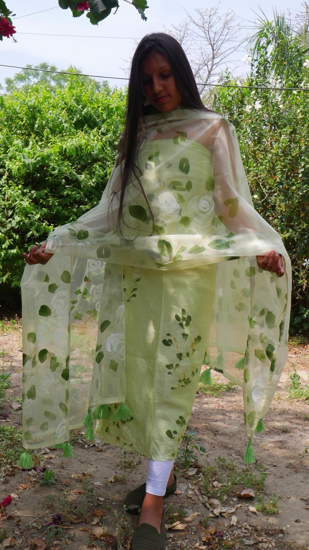 Hand painted roses on Pista green chanderi suit with organza dupatta