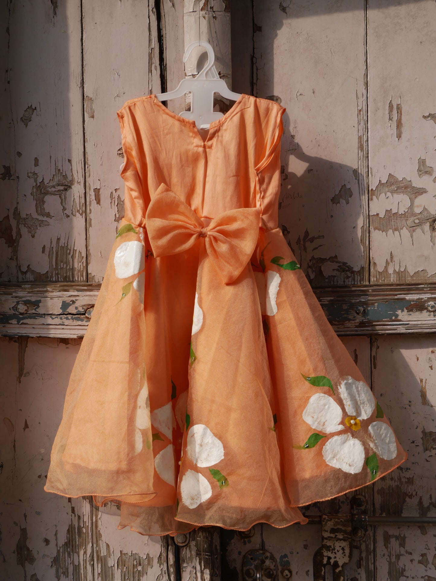 Peach handpainted organza  toddler frock