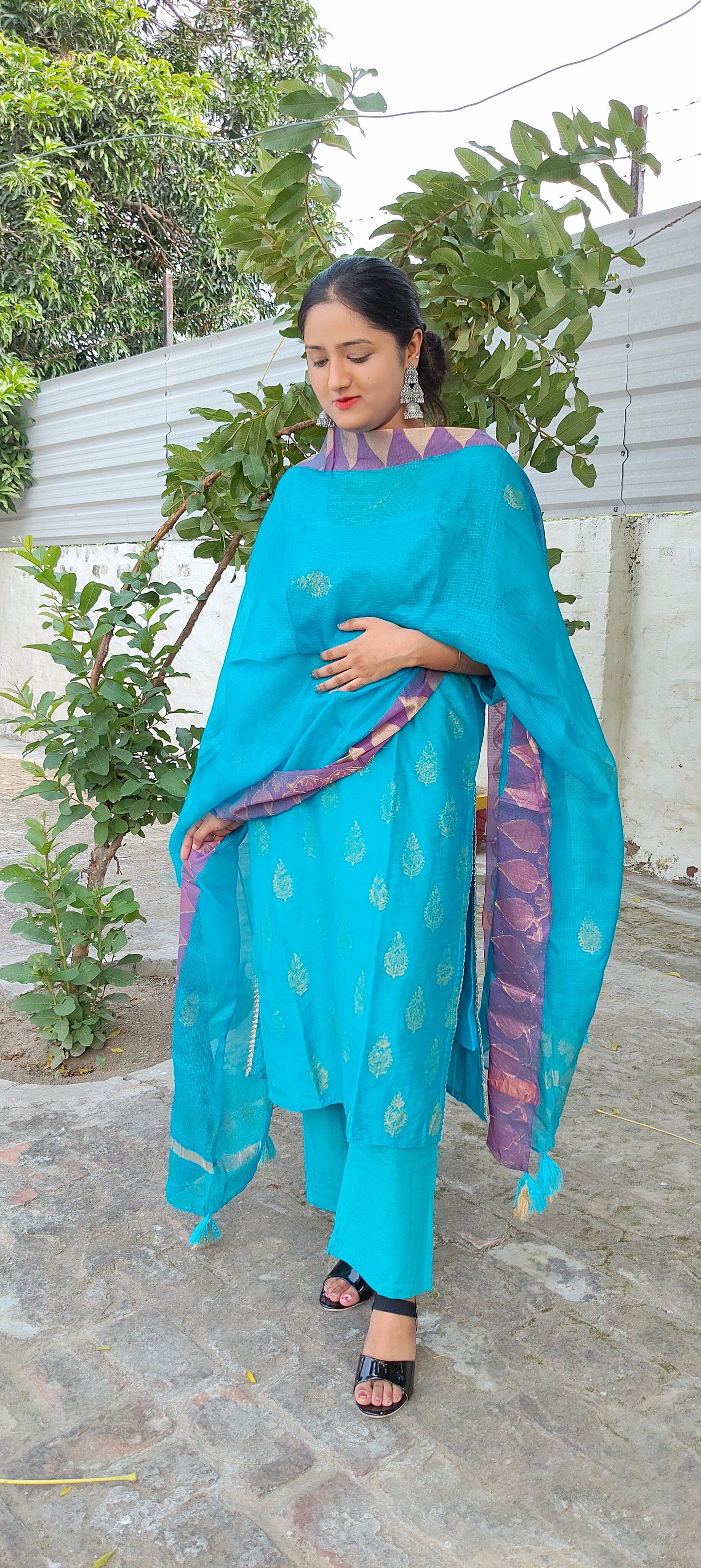 Handblock blue chanderi silk suit