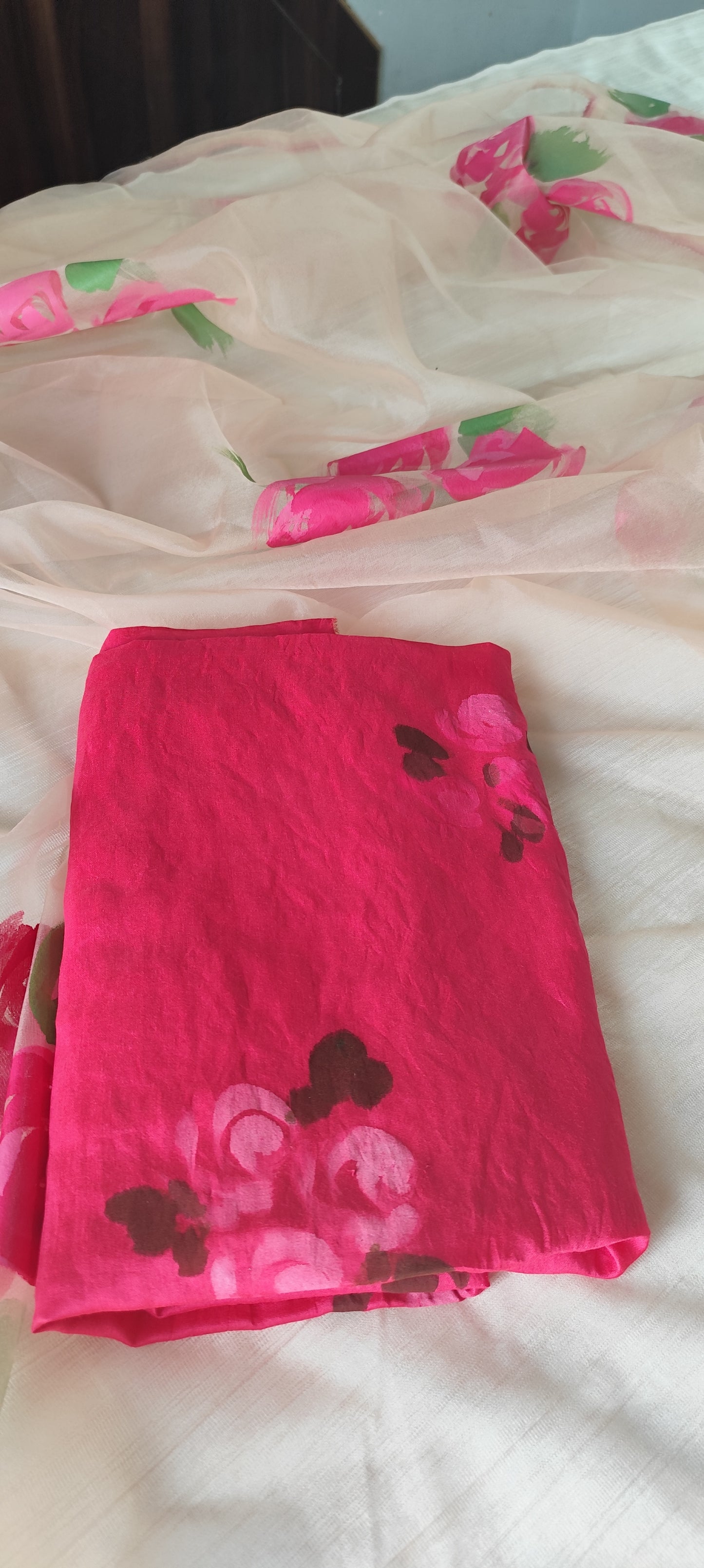 Handpainted pink roses on chanderi suit and organza dupatta