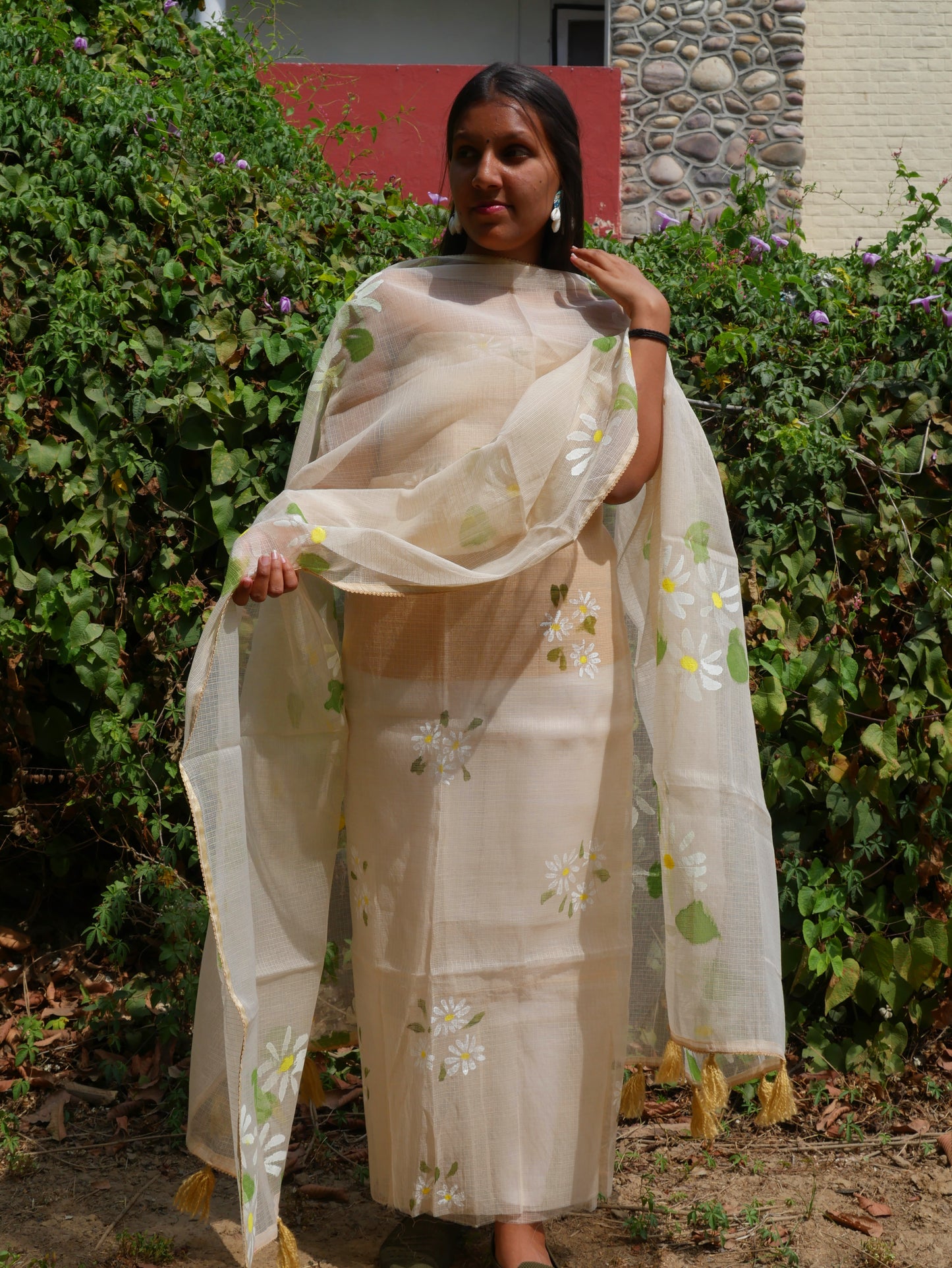 Handpainted motifs on beige kota doria suit