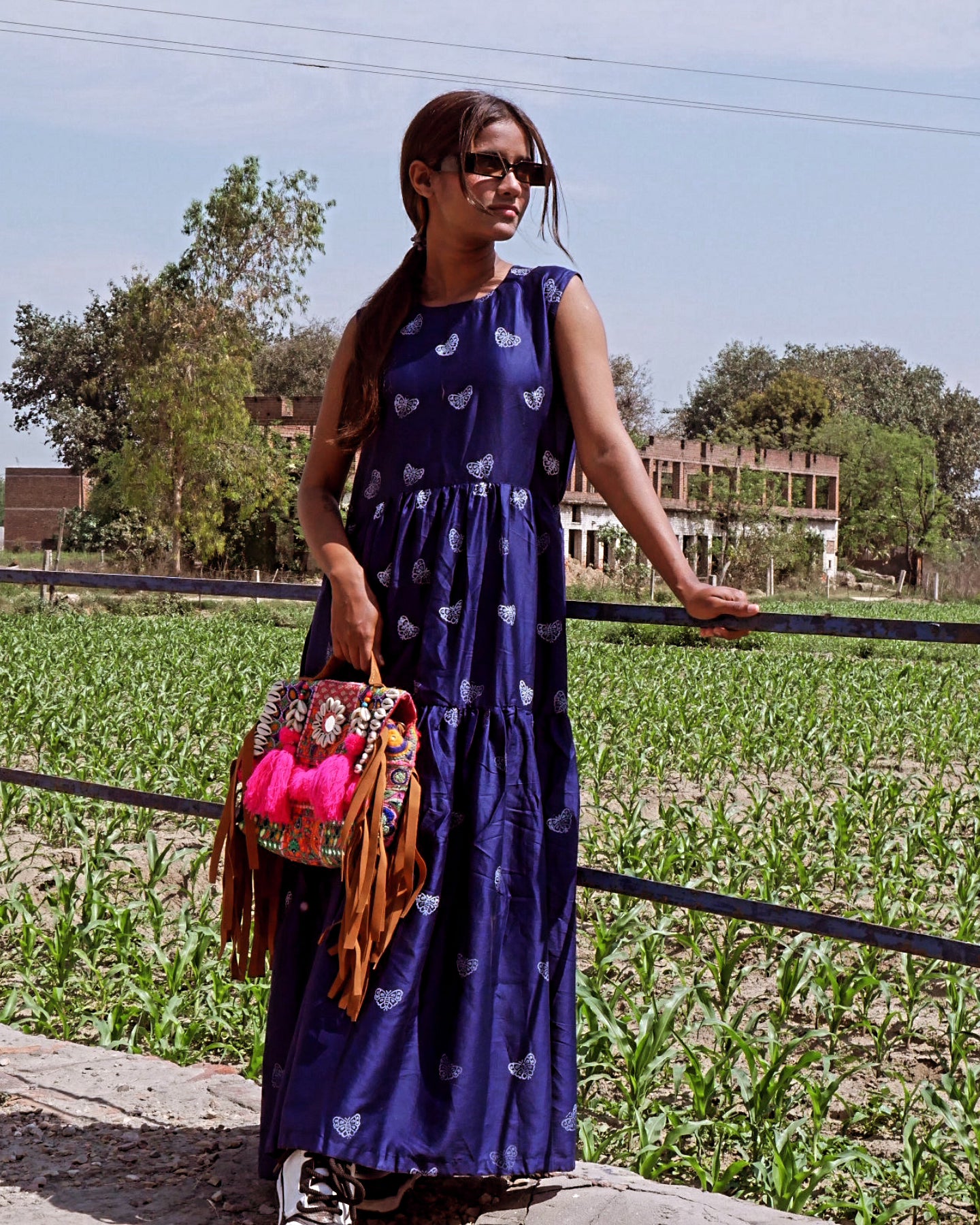 Navy blue cotton butterfly maxi dress