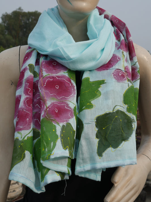 Blue handpainted hollihock flowers scarf