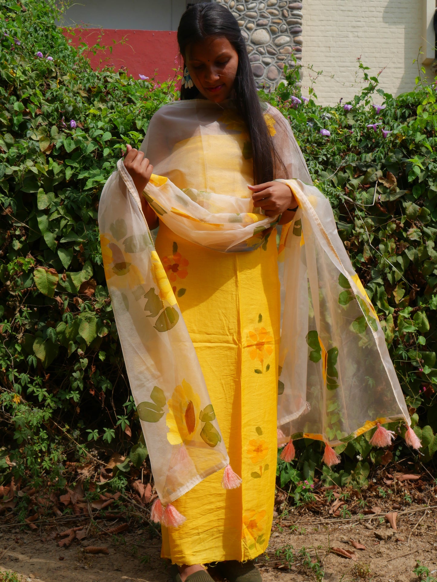 Handpainted sunflower on yellow chanderi suit and organza dupatta