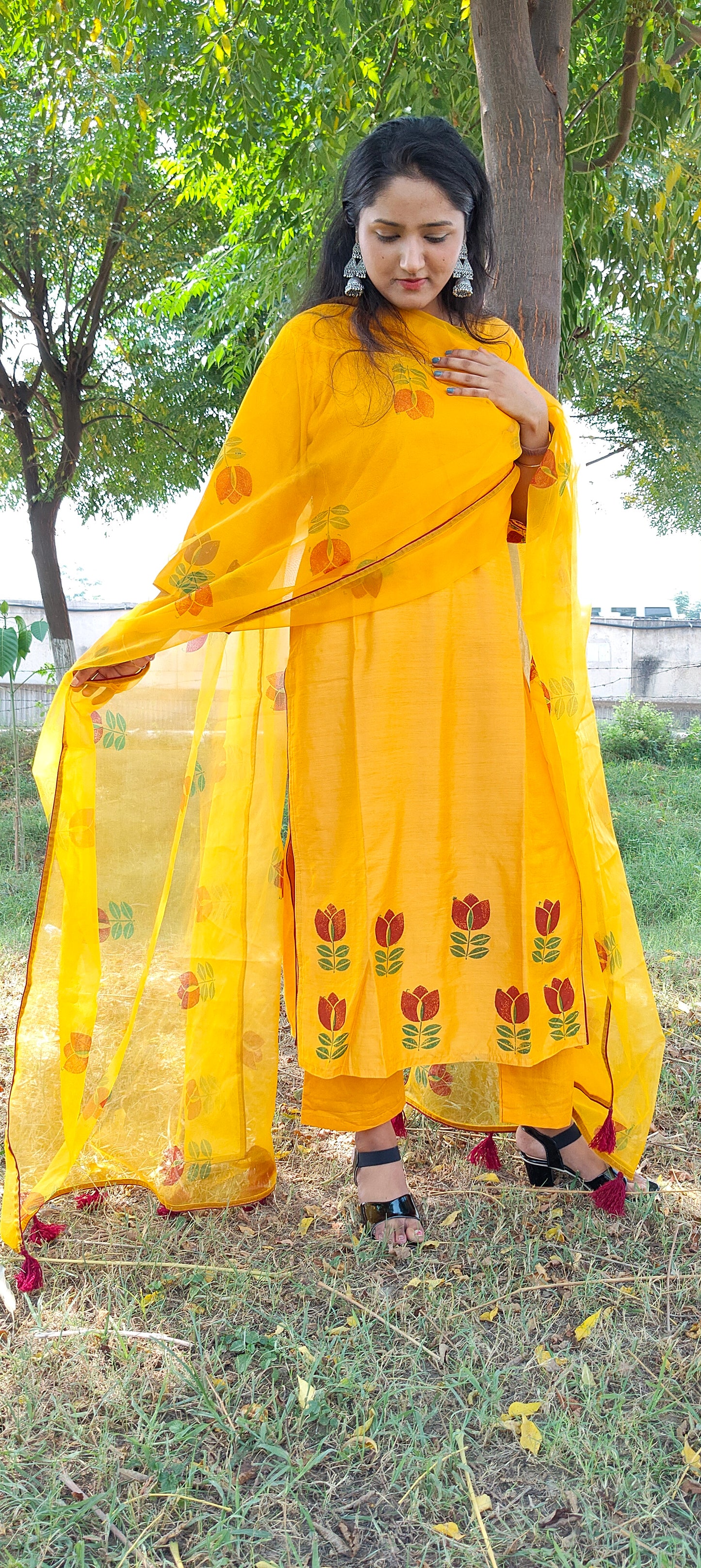 Hand block yellow chanderi suit