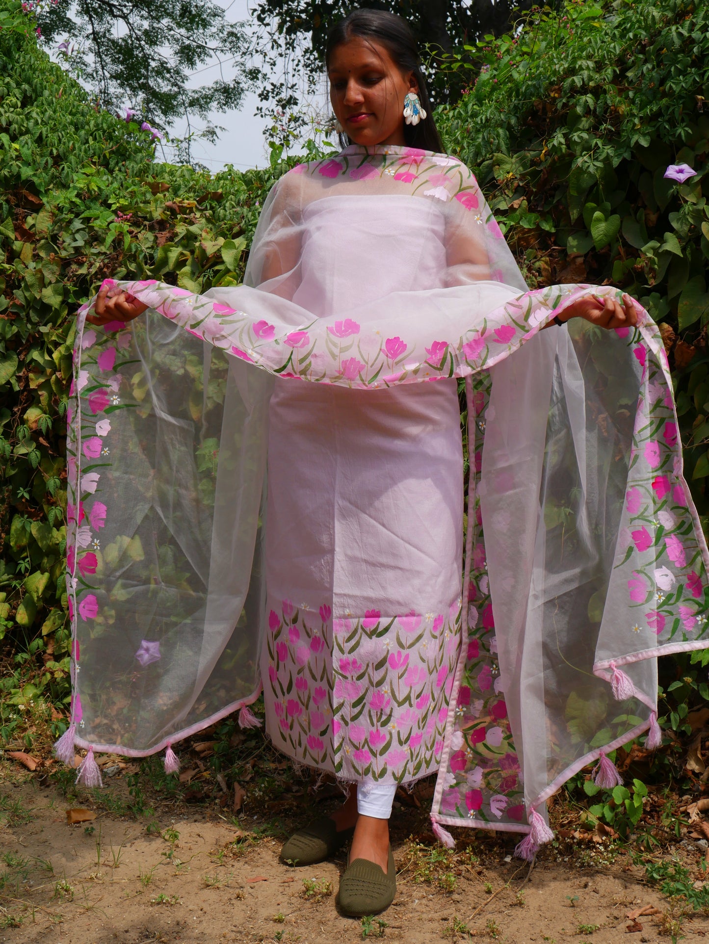 Hand painted pink blossoms on chanderi suit with organza dupatta