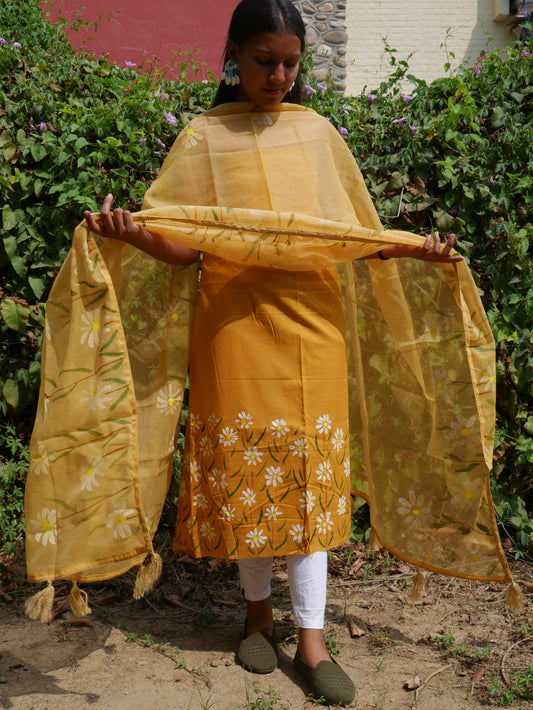 Khakhi brown handpainted white motifs on cotton and kota doria dupatta