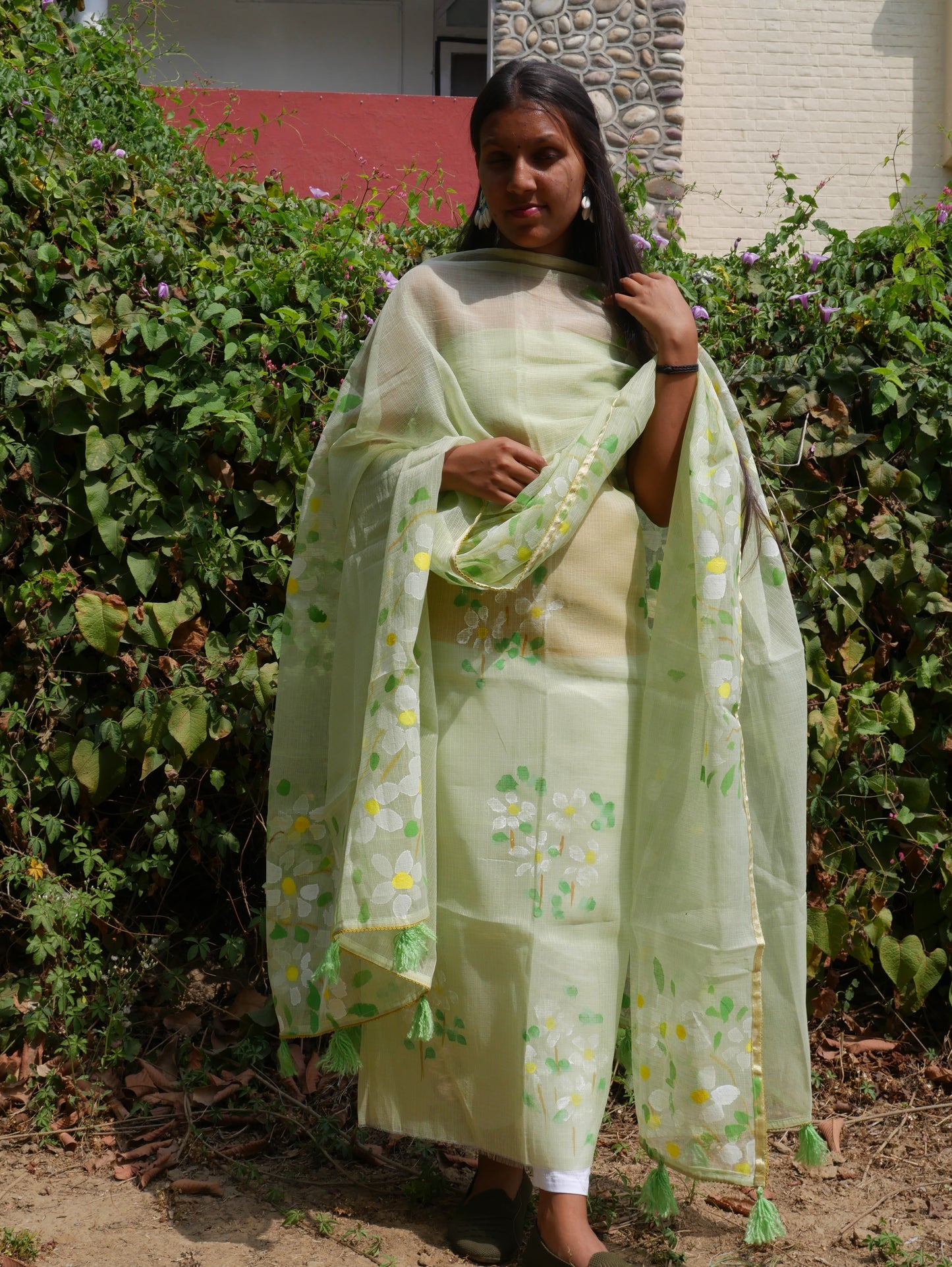 Pista green handpainted kota doria suit with white motifs