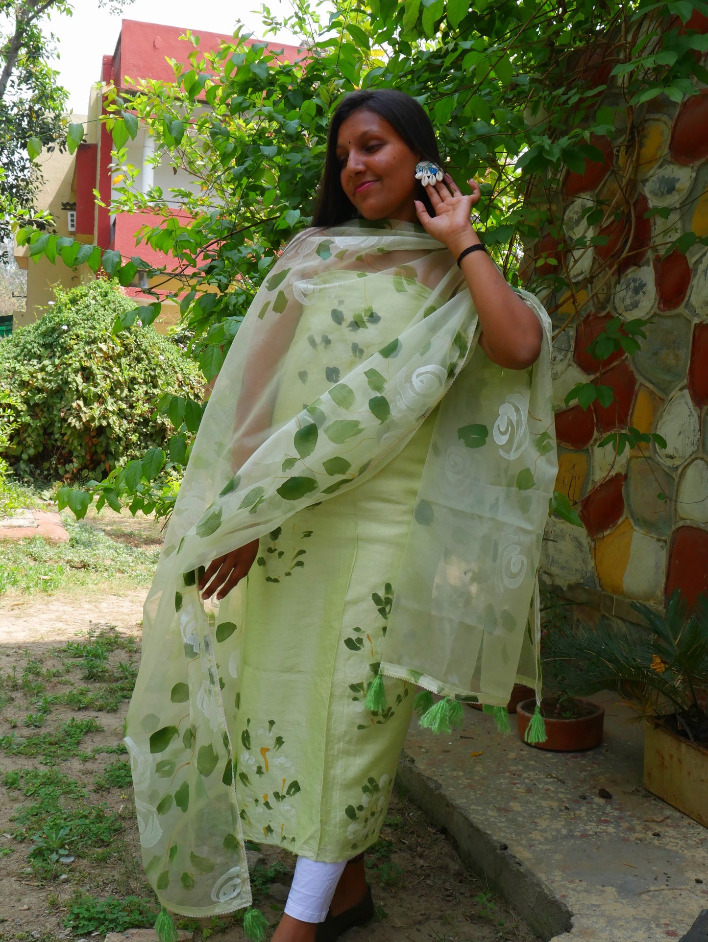 Hand painted roses on Pista green chanderi suit with organza dupatta