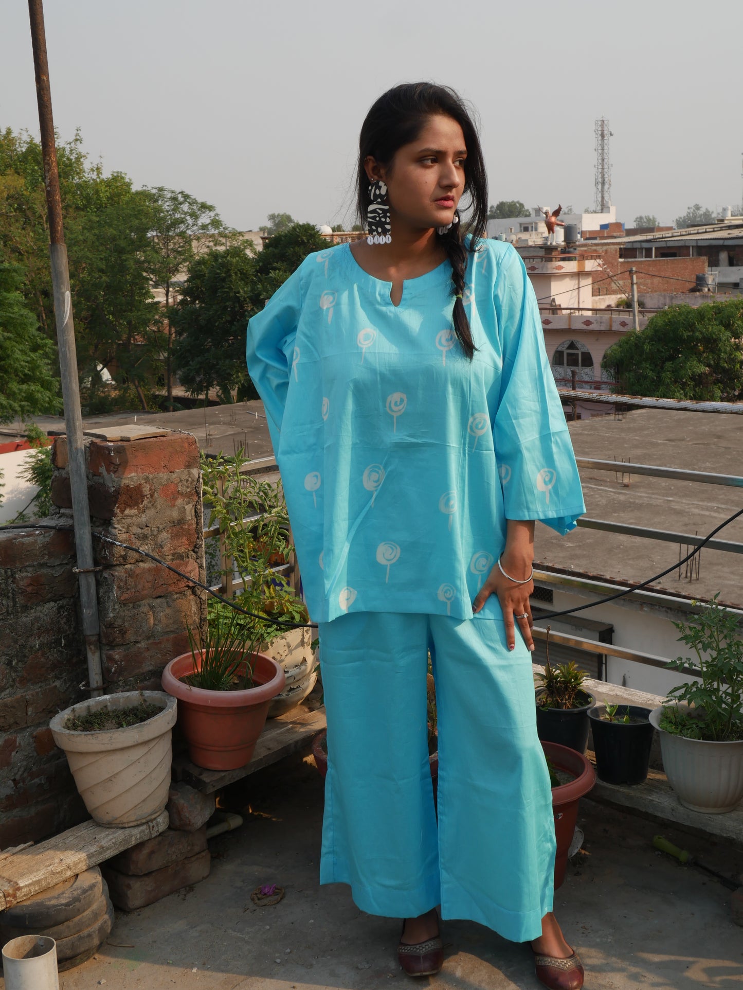 Sky blue pure cotton shibori handblock coord set