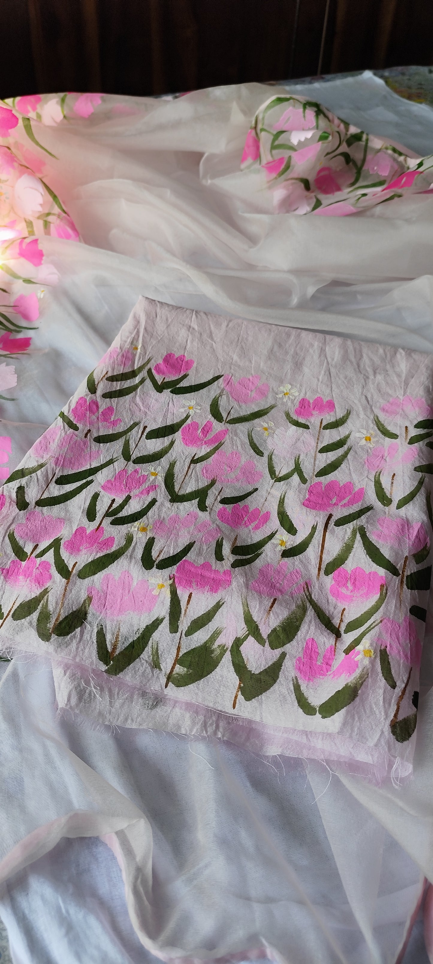 Hand painted pink blossoms on chanderi suit with organza dupatta