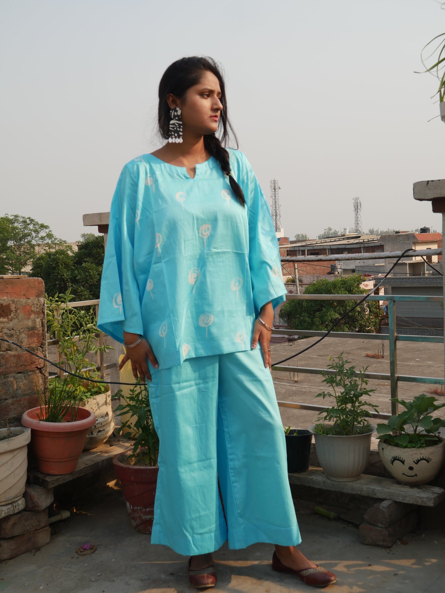 Sky blue pure cotton shibori handblock coord set