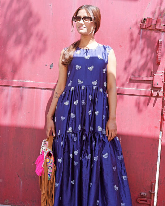 Navy blue cotton butterfly maxi dress