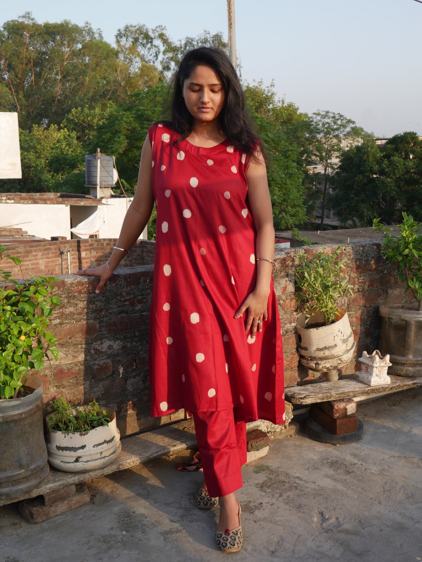Red polka dot handblock kurti
