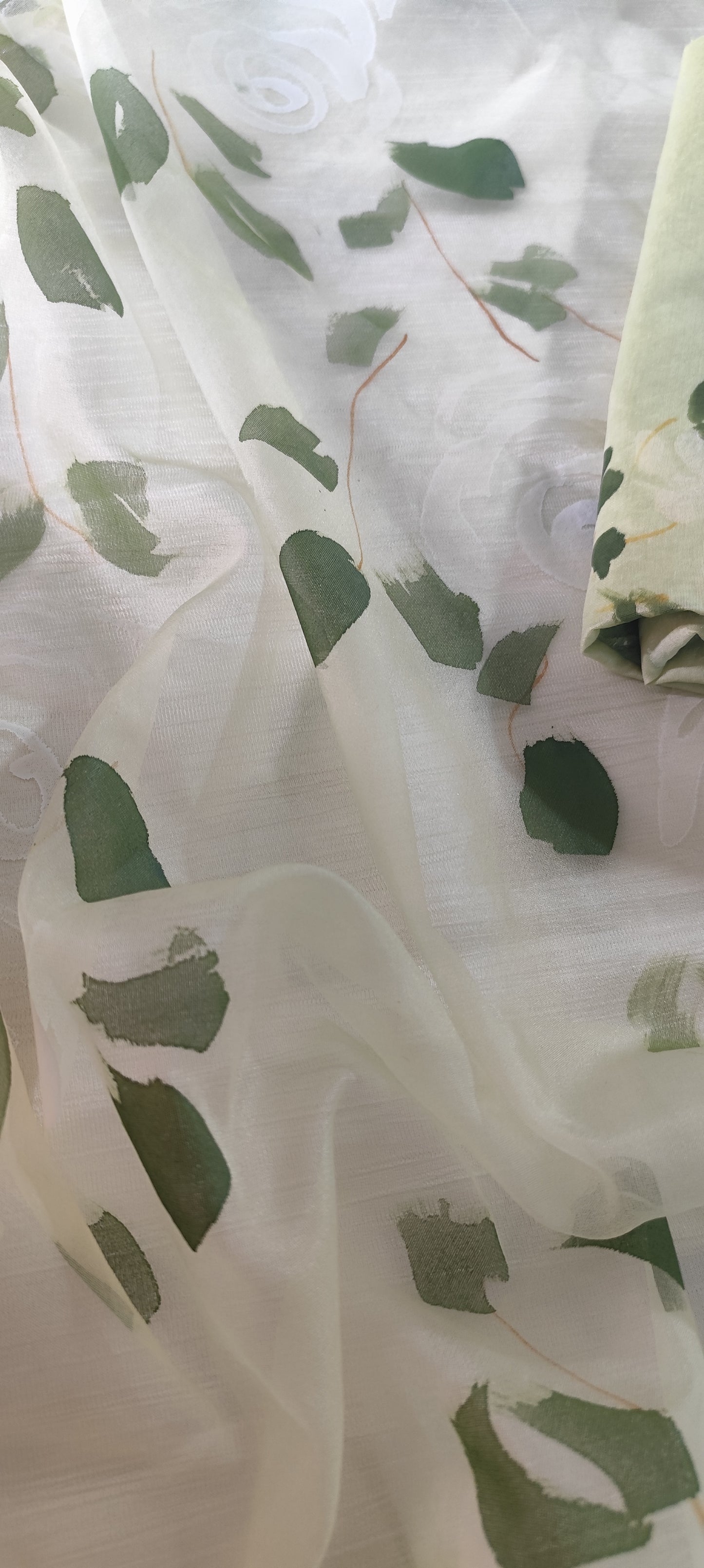 Hand painted roses on Pista green chanderi suit with organza dupatta