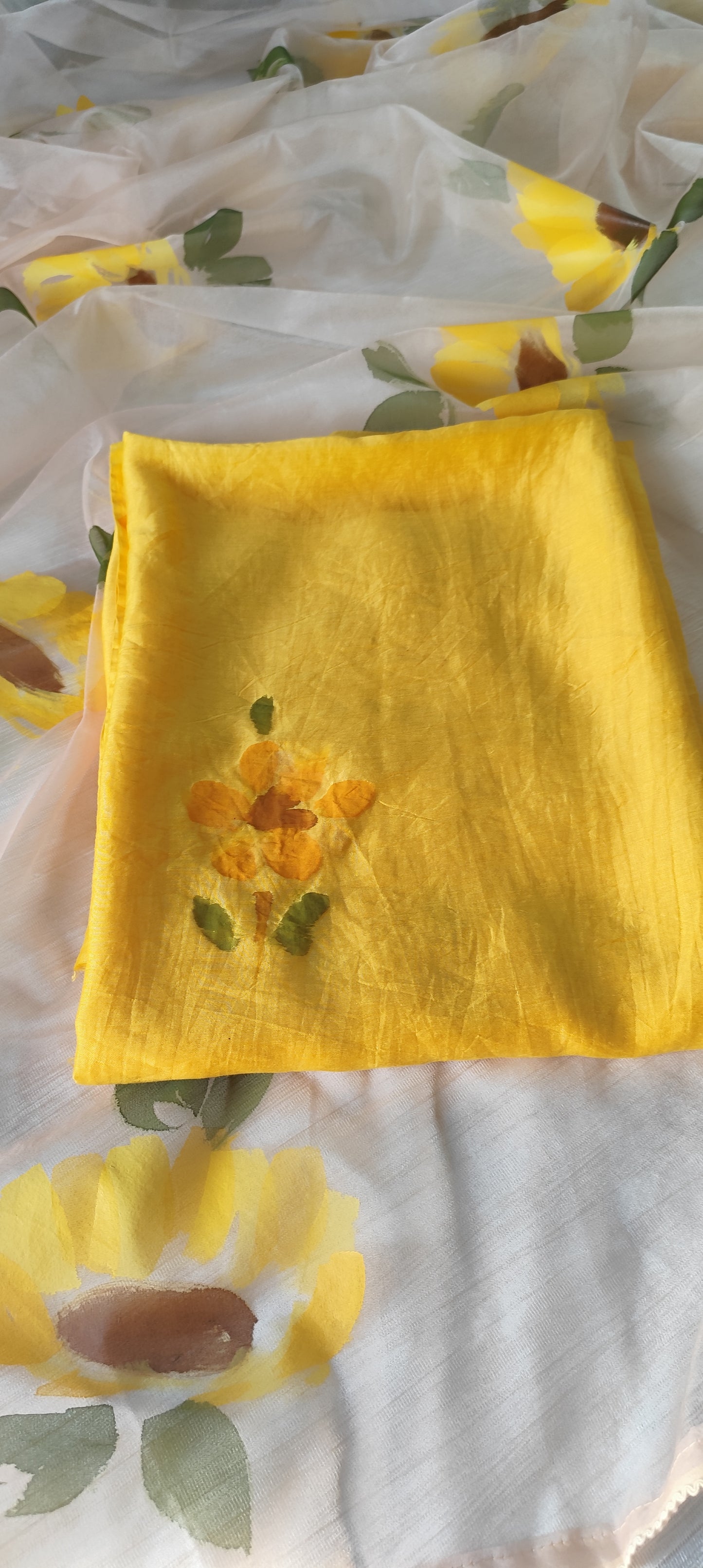 Handpainted sunflower on yellow chanderi suit and organza dupatta