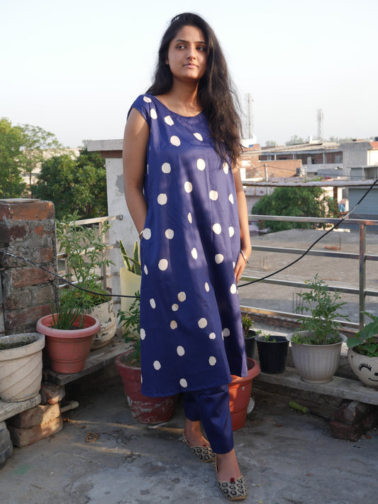 Royal Blue polka dot A line handblock cotton kurti