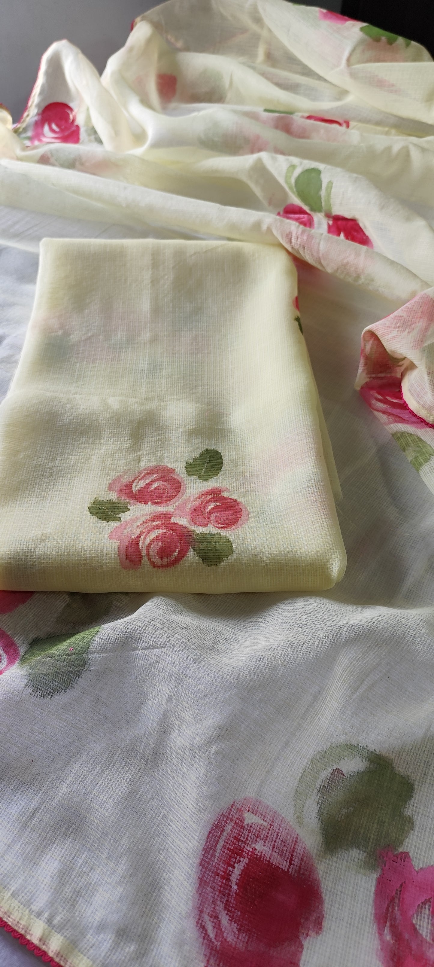 Lemon Handpainted roses on kota doria suit