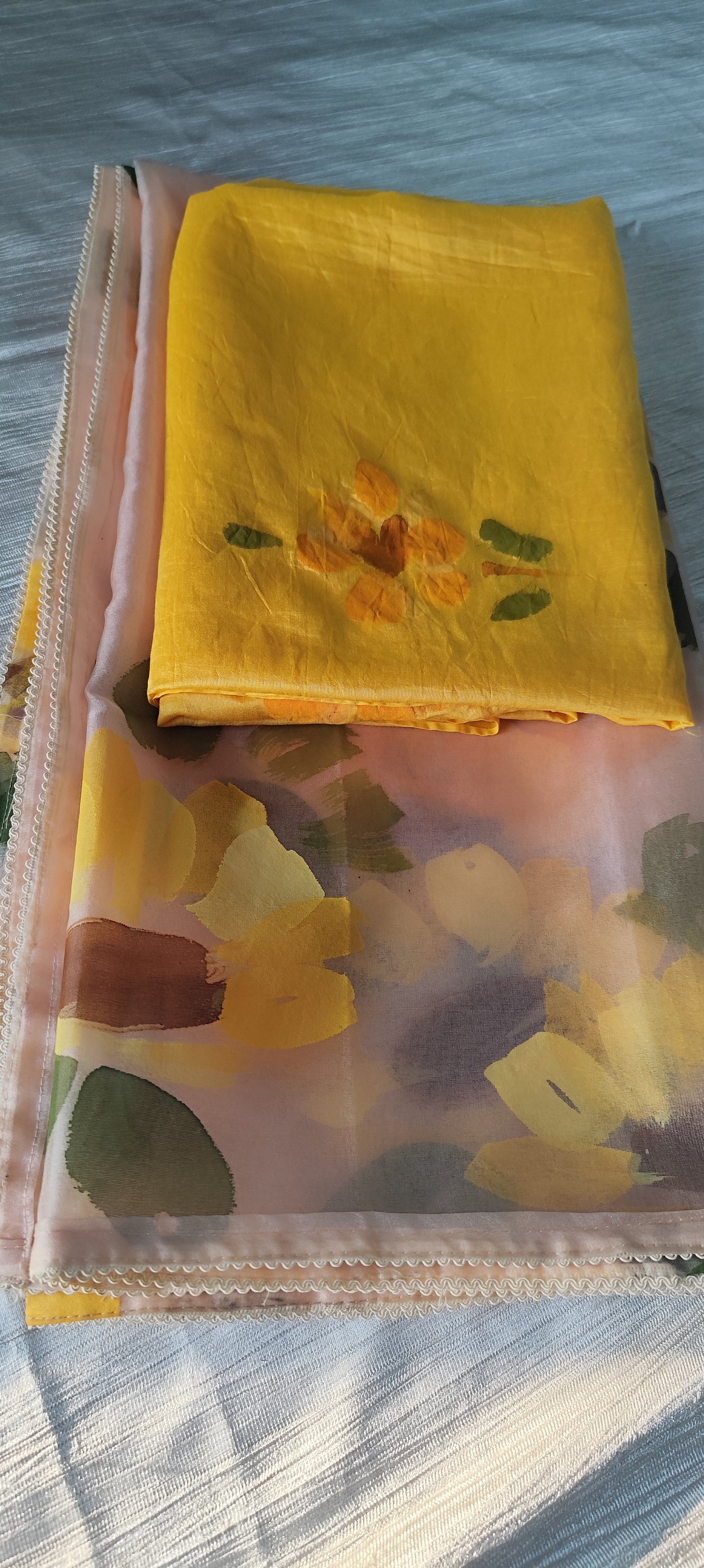 Handpainted sunflower on yellow chanderi suit and organza dupatta