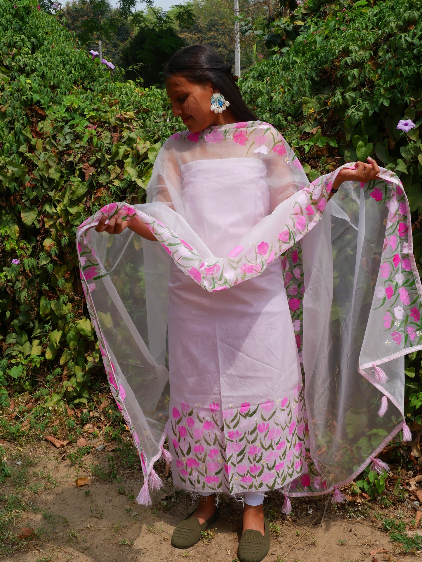 Hand painted pink blossoms on chanderi suit with organza dupatta