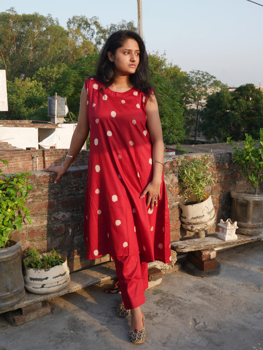 Red polka dot handblock kurti