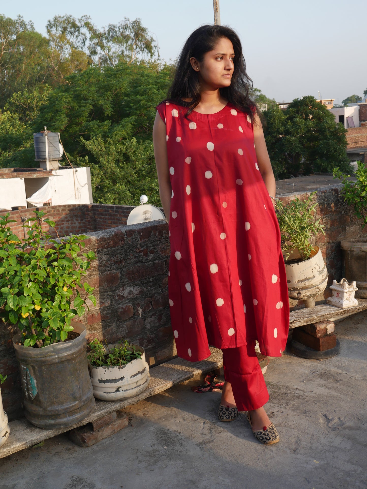 Red polka dot handblock kurti