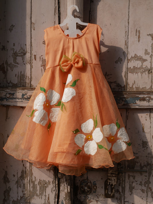 Peach handpainted organza  toddler frock