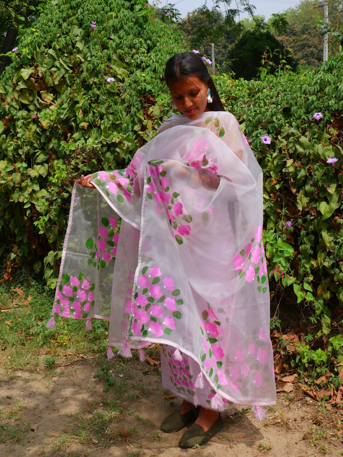 Hand painted bougainvillea on chanderi and organza dupatta