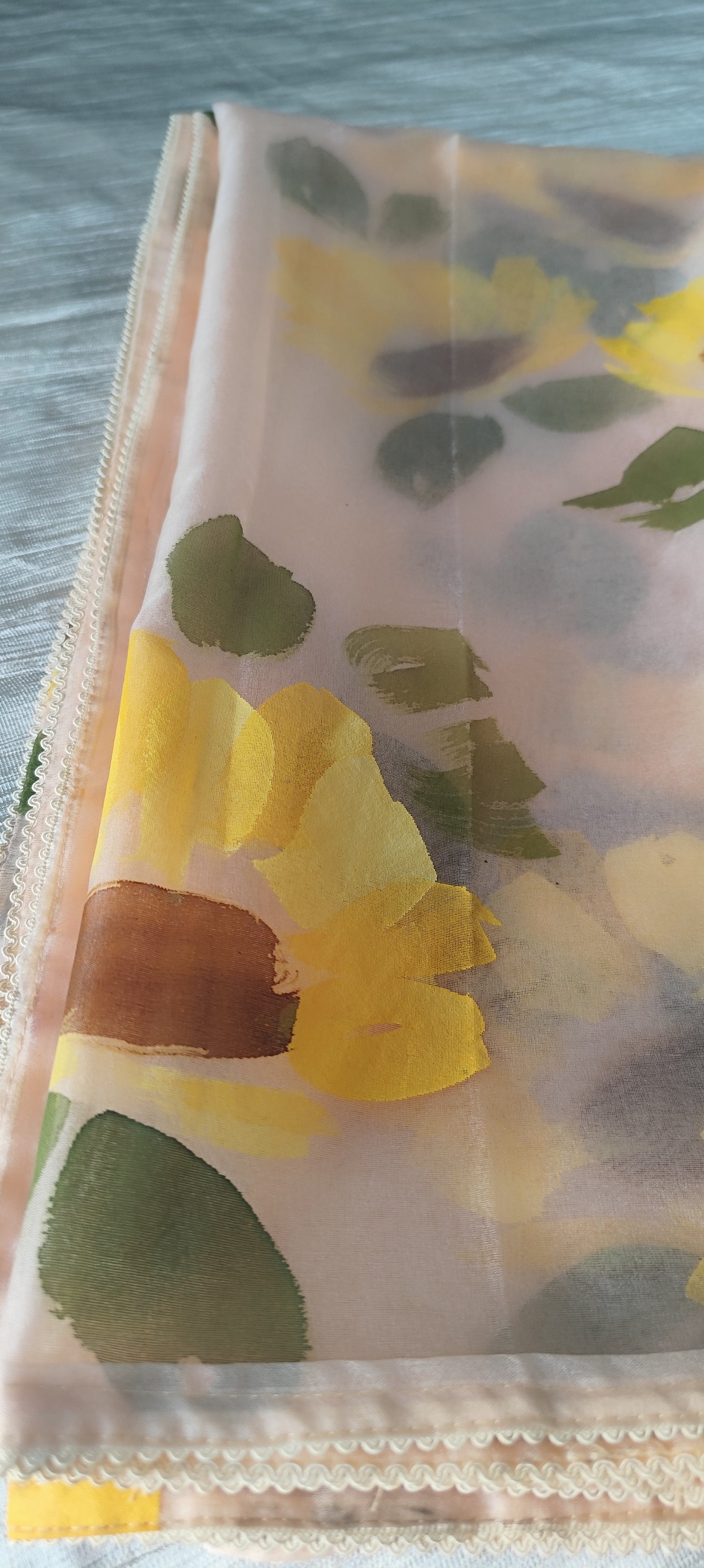 Handpainted sunflower on yellow chanderi suit and organza dupatta